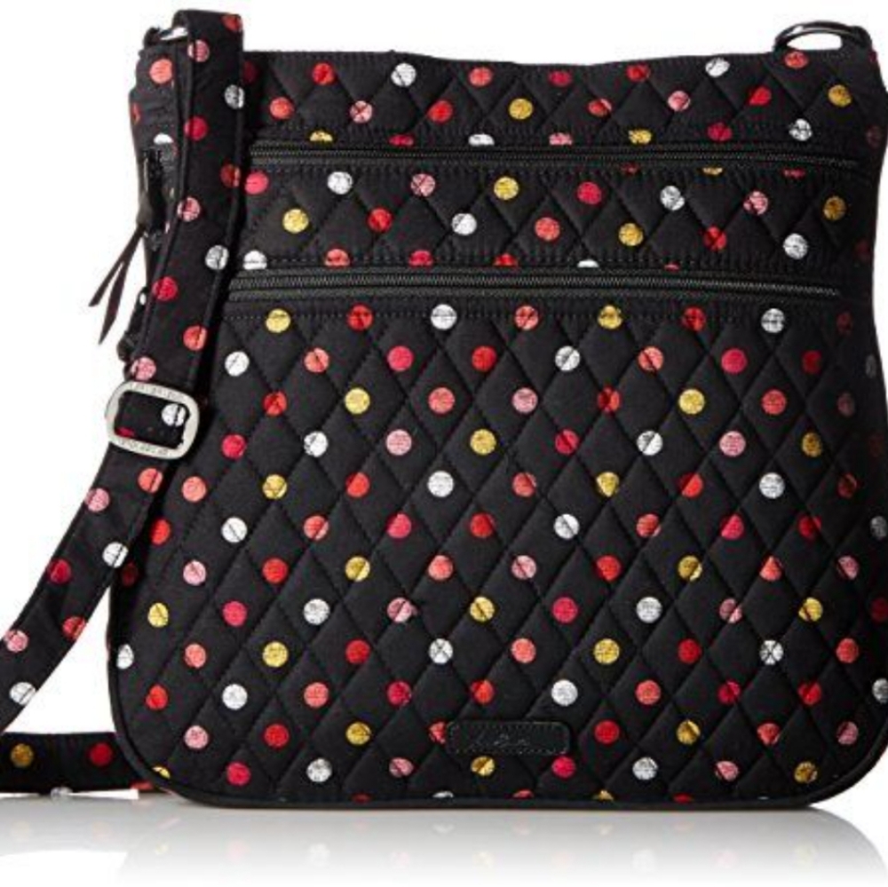 🌻Vera Bradley Black Cotton Multicolored Polka Dot Triple Zip CrossbodyHip…